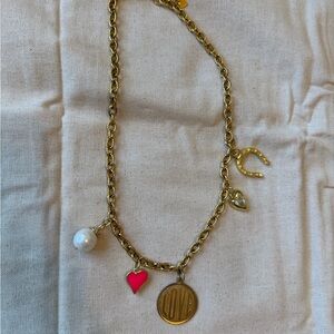 Gold Charm Necklace with Heart and Pearl Accents